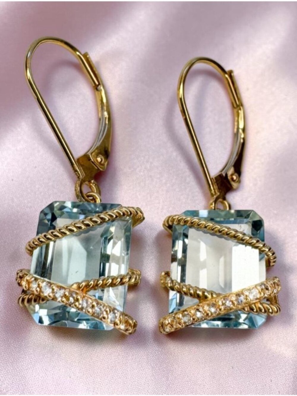 14K Gold Blue Topaz & Diamond Dangle Earrings 26mm Rope Cable Drop Earrings 3g